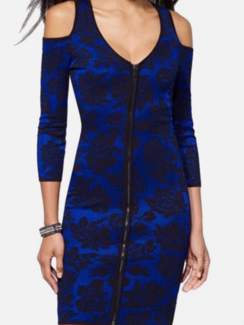 Cache NWT Cold-Shoulder Zip-Front Blue Floral Bodycon Dress